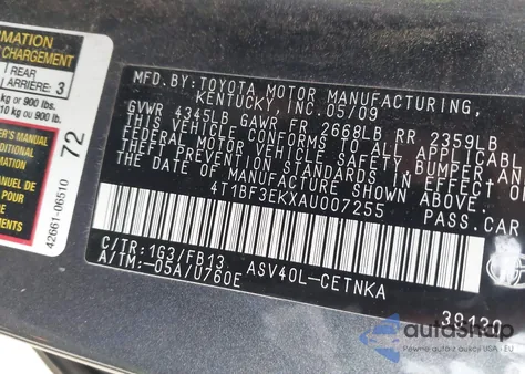 2010 Toyota Camry Le from USA, damaged, VIN 4T1BF3EKXAU007255